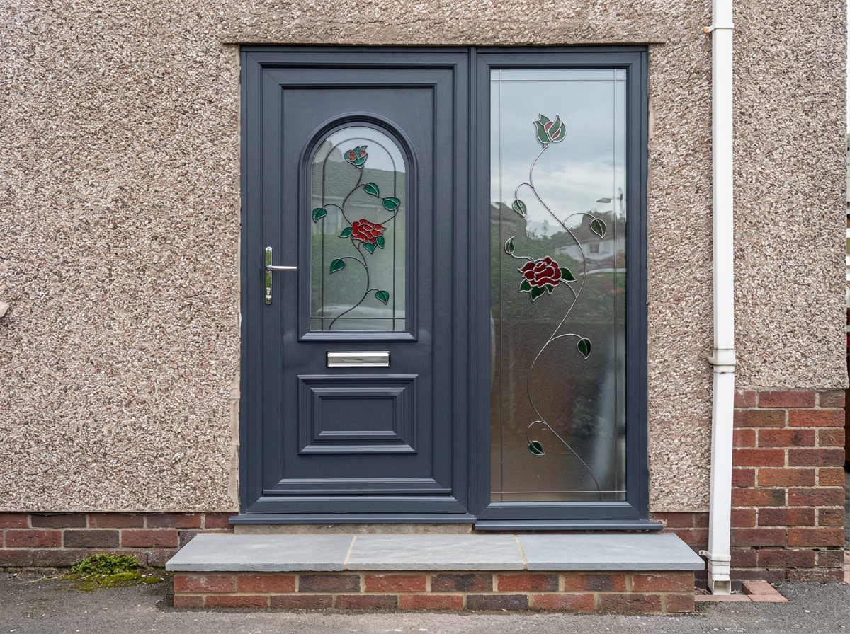 Anthracite front door with decorative glass